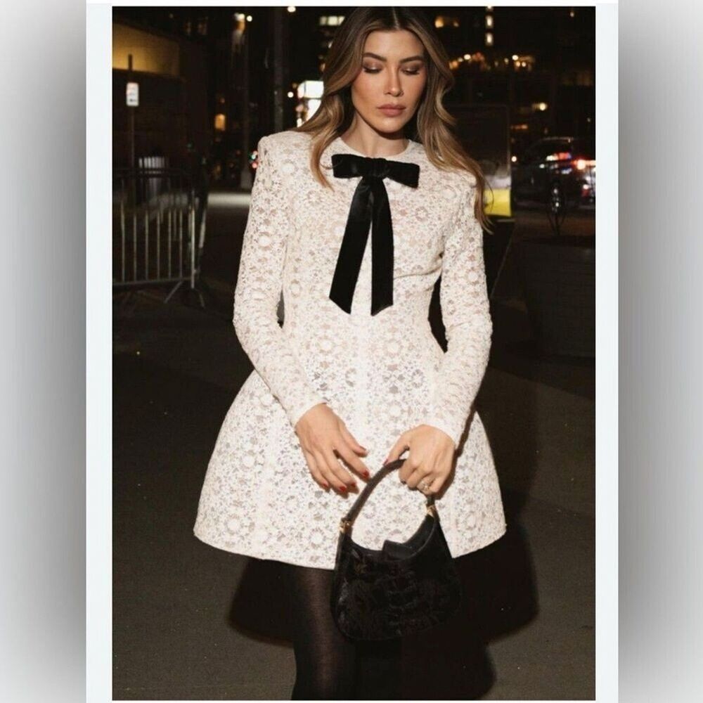 NEW BRONX AND BANCO Courtney Beige long sleeve Mini wedding bridal dress - Picture 4 of 16